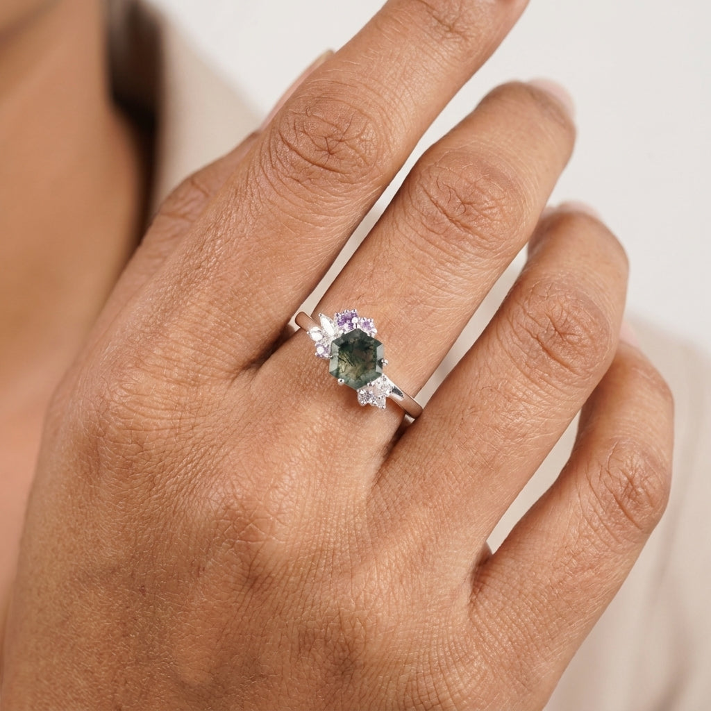 Hexagon Cut Moss Agate Cluster Art Deco Ring with model finger