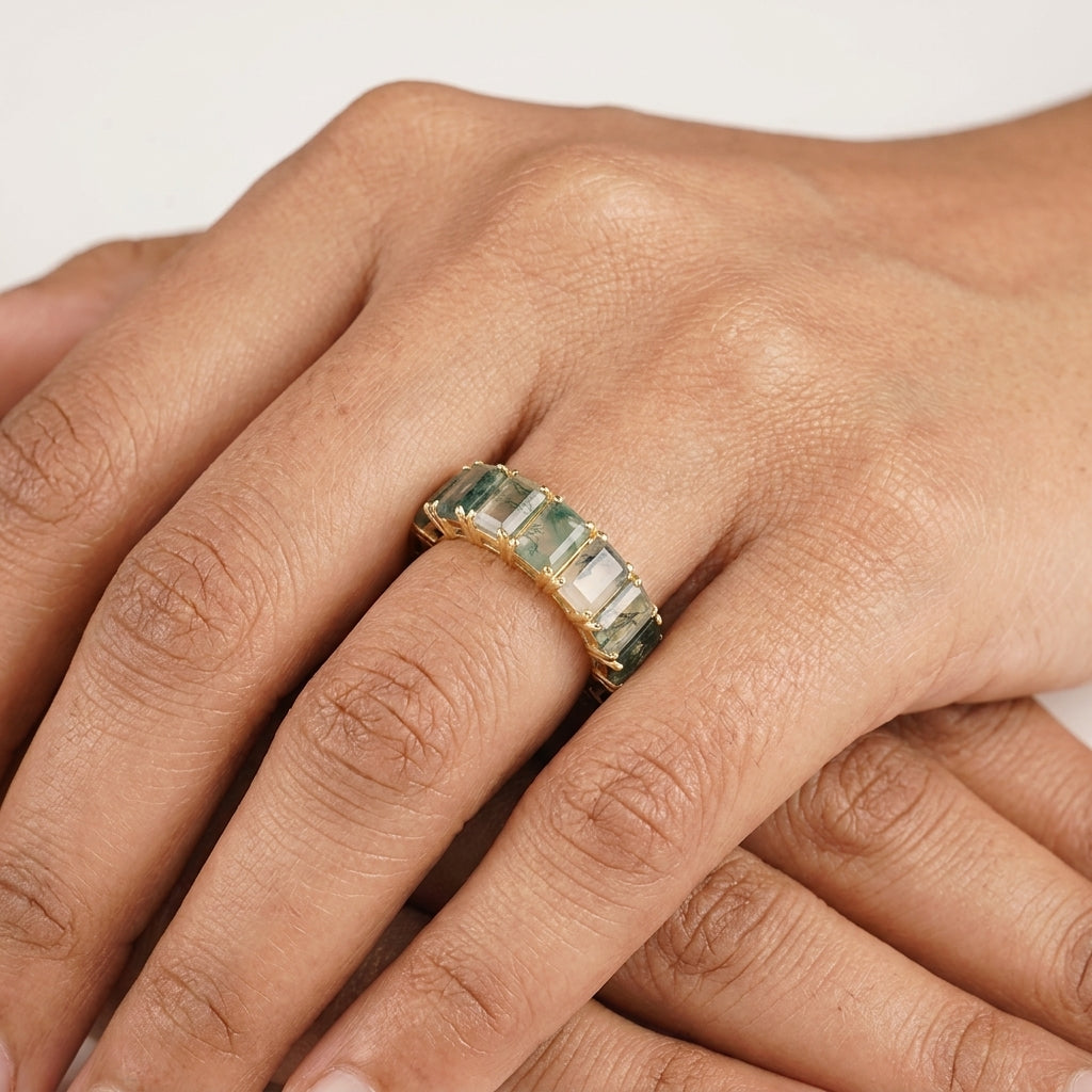 Baguette Cut Moss Agate Wedding Band 10K Sold Gold With Hand