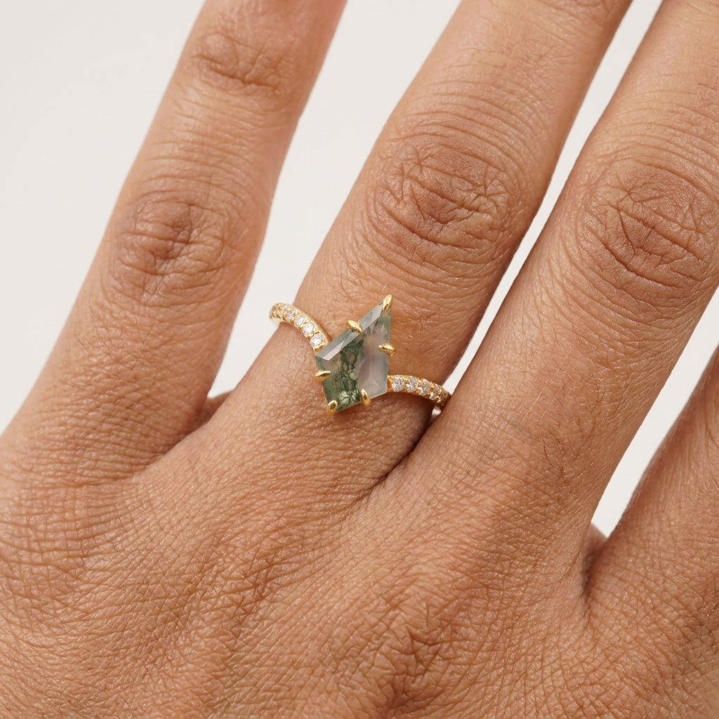 Kite Moss Agate Halo Diamond Engagement Ring With Model Finger