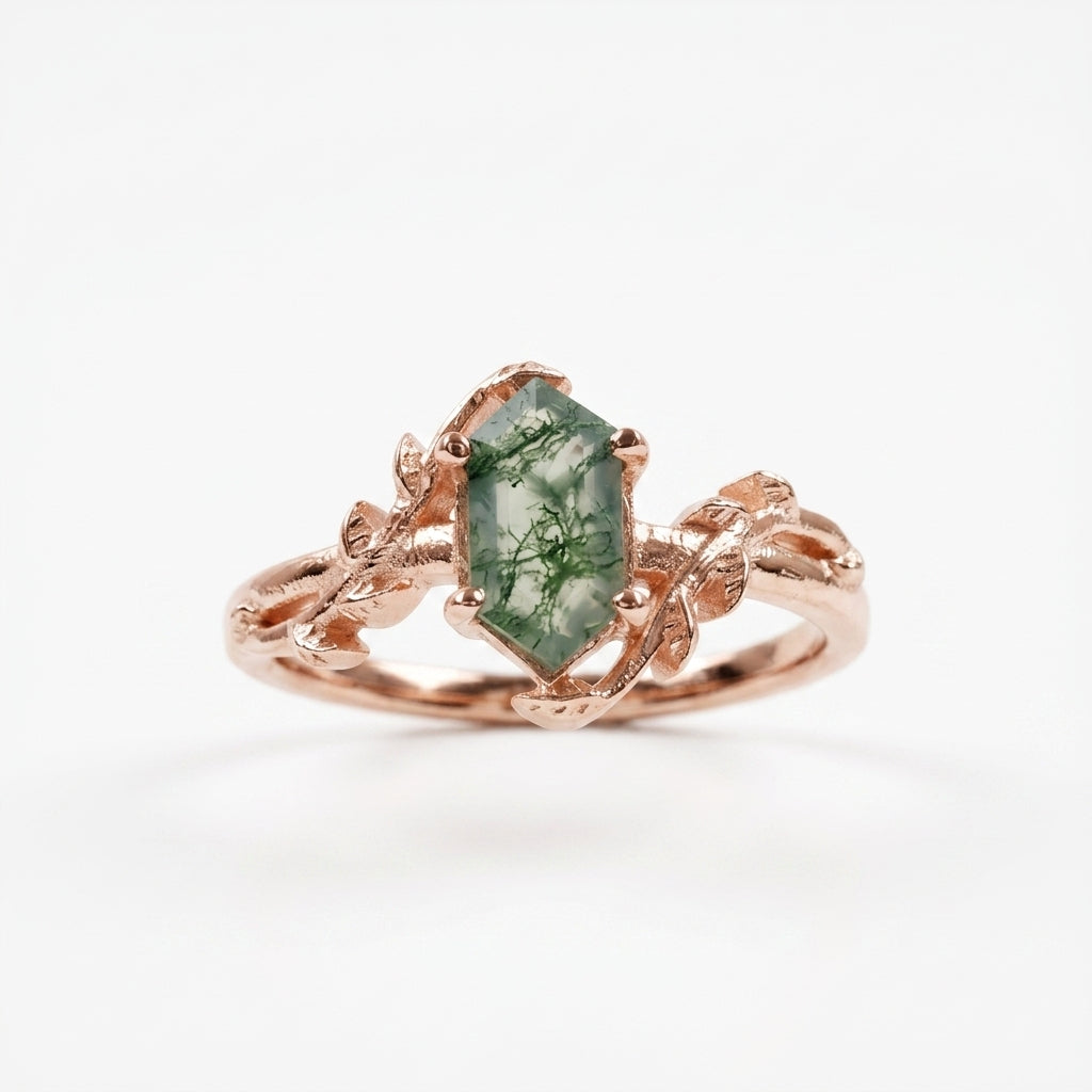 Long Hexagon Cut Moss Agate Leaf Solitaire Ring Main Rose Gold