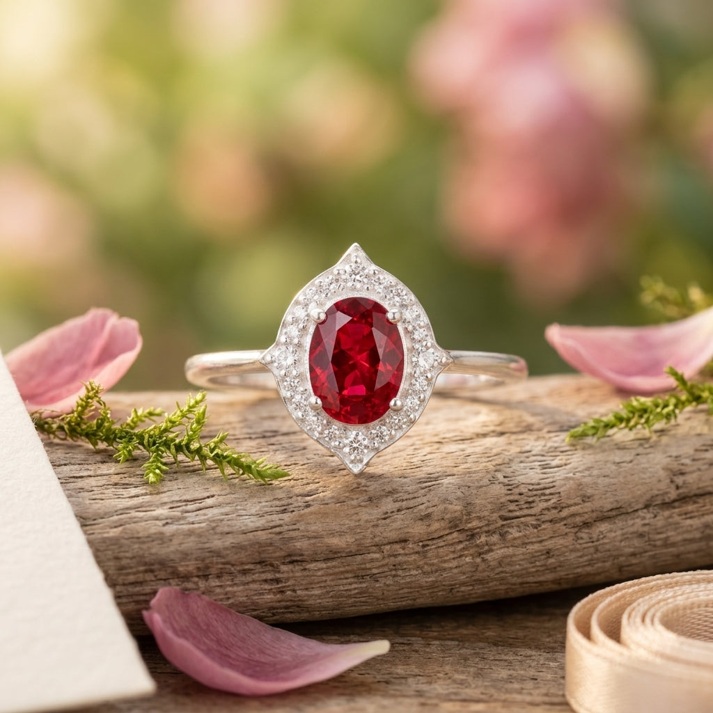 Oval Cut Red Ruby 925 Sterling Silver Statement Ring With Object