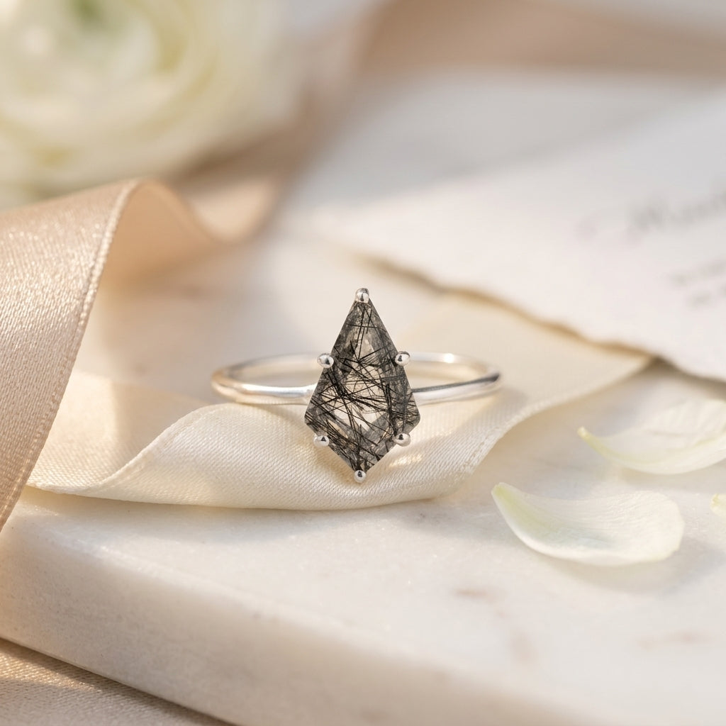 Kite Shaped Black Rutile Quartz Ring with object