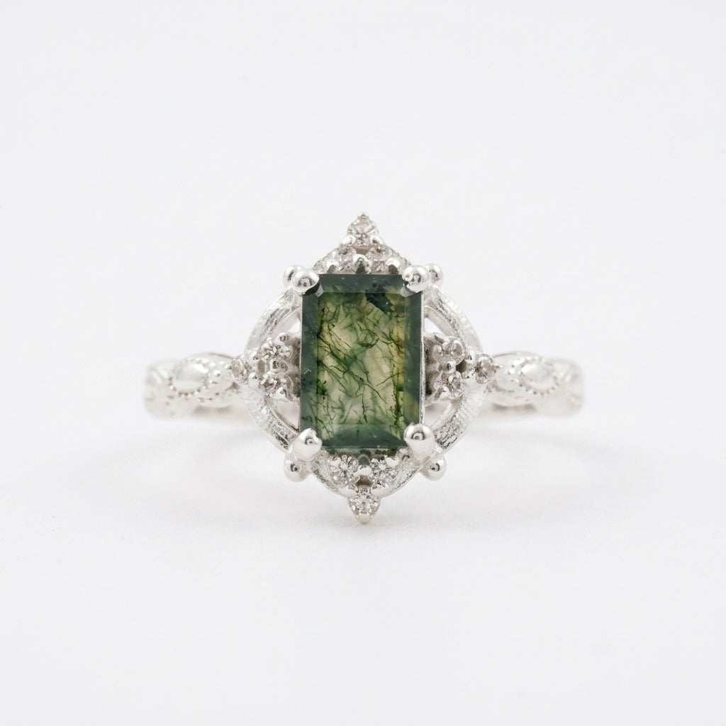 Vintage Emerald Cut Moss Agate Moissanite Engagement Ring With Silver coated