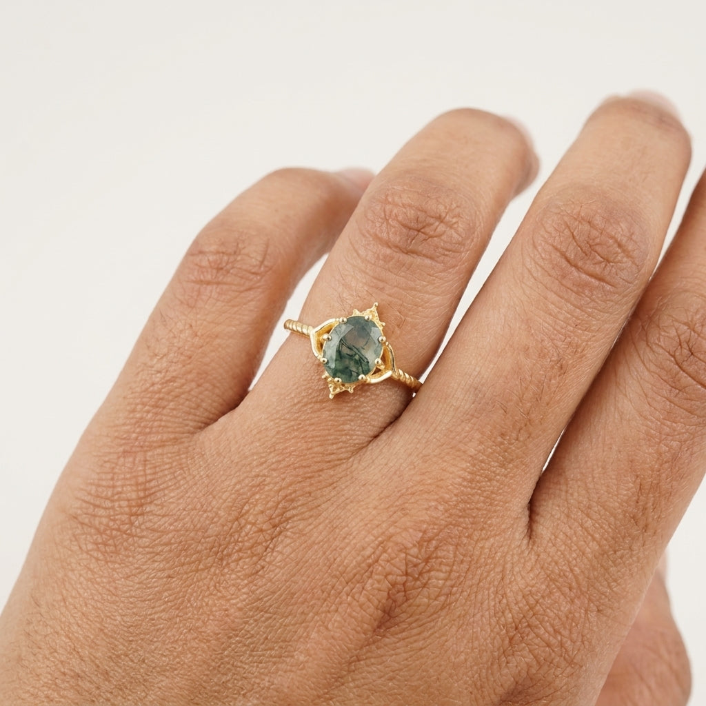 Vintage Oval Moss Agate 14k Gold Engagement Ring with hand