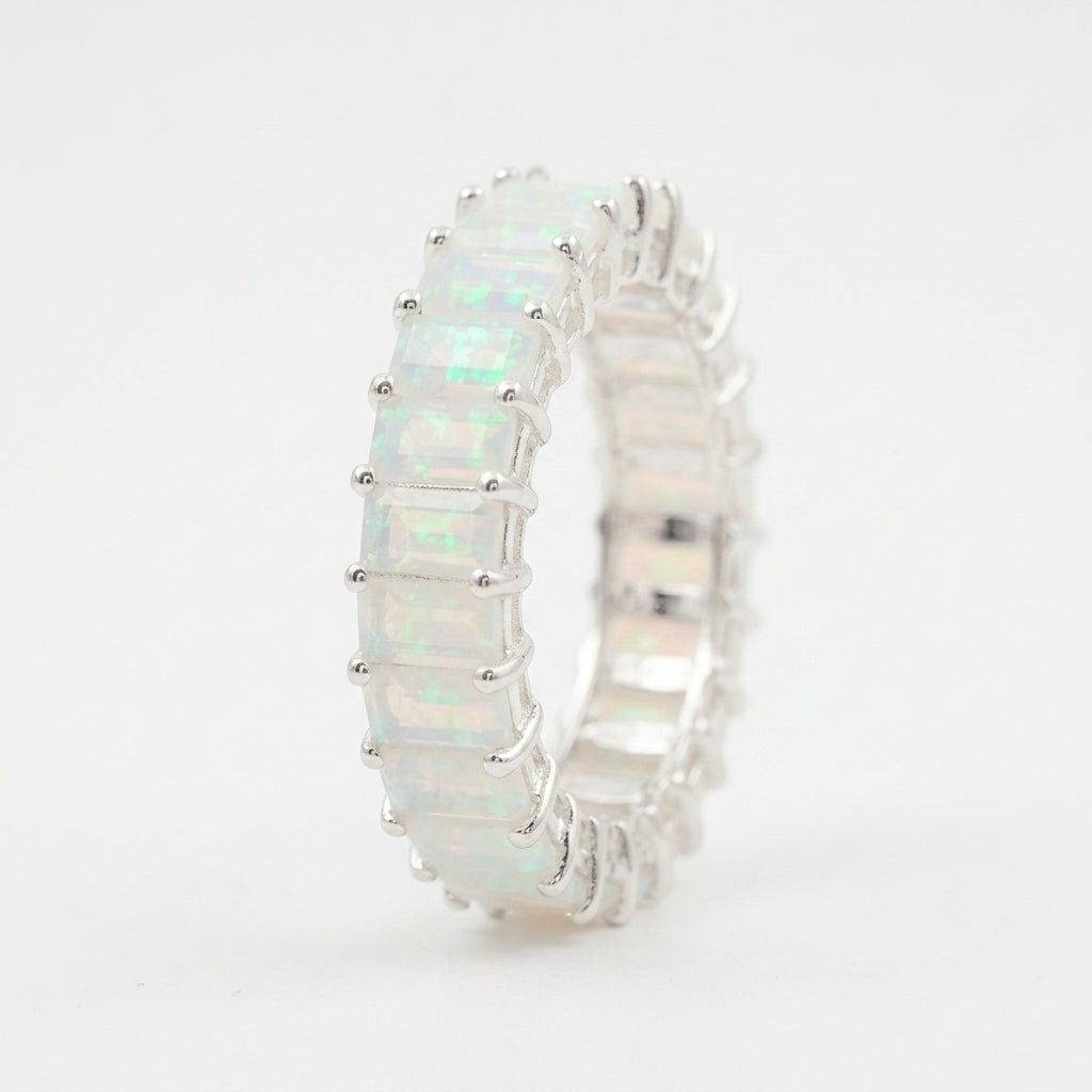 Baguette Cut Fire Opal Wedding Band 925 Sterling Silver