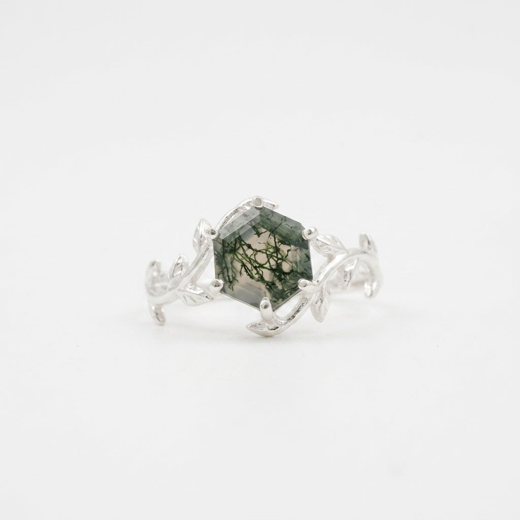 Moss Agate Leaf Hexagon Engagement Ring With SLiver Plated 