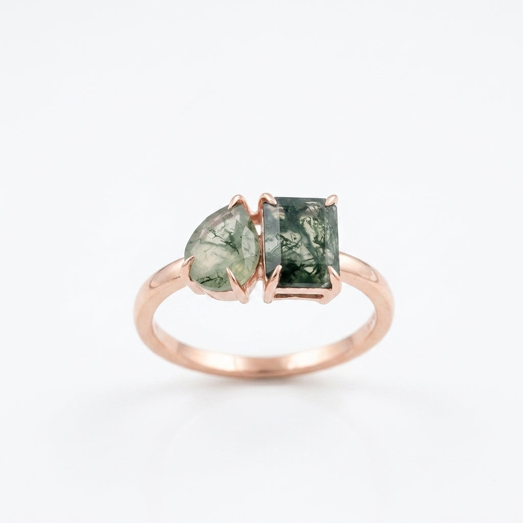 Toi Et Moi Moss Agate Emerald & Pear Cut Ring Rose Gold Plated