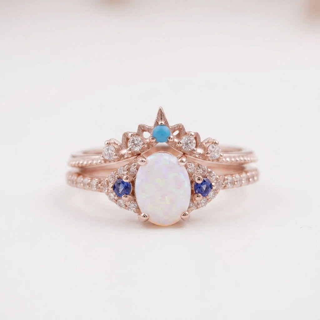 Fire Opal Engagement Ring Set with Curved Band With Rose Gold