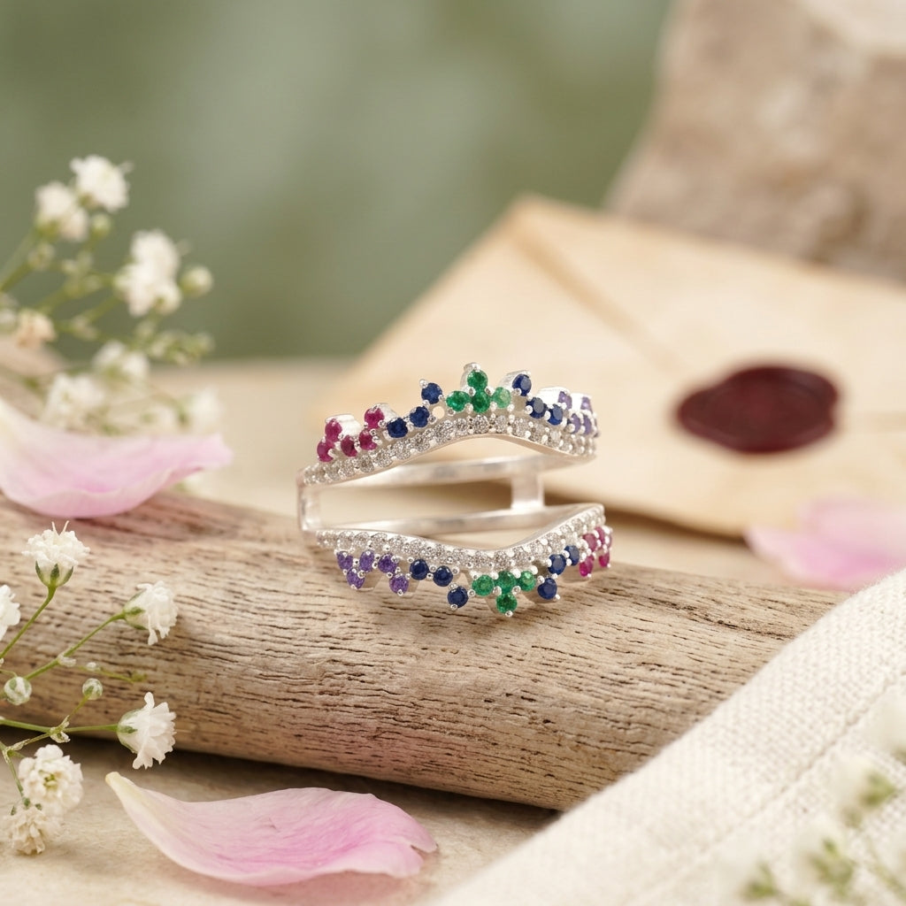 Multi Stone Wedding Band | Sapphire Ruby Emerald Multi Stone Ring With Object