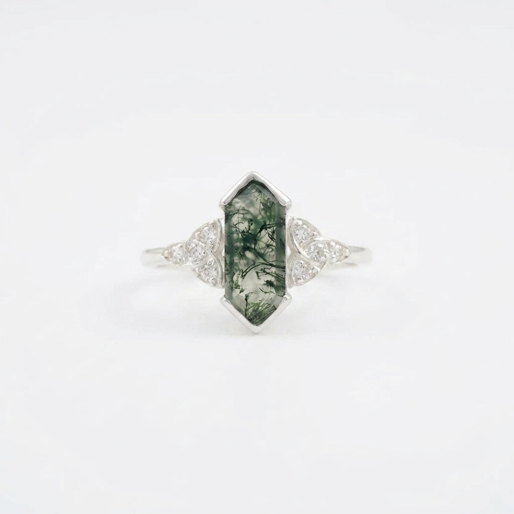 Moss Agate Hexagon Engagement Ring With Silver Coated