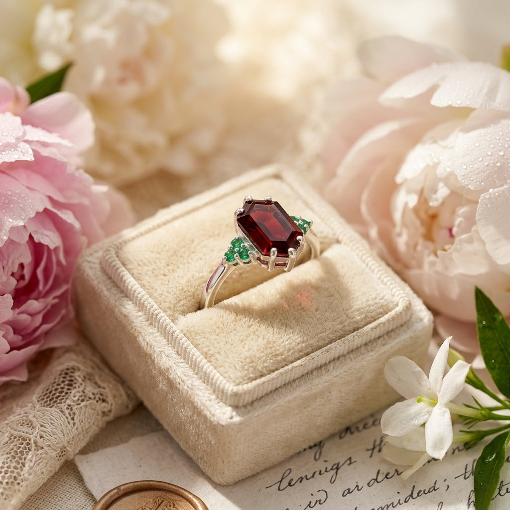 Hexagon Cut Red Garnet Gemstone Cluster Ring With Object