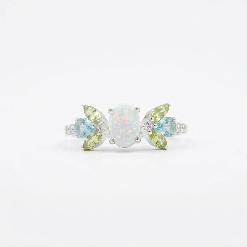 Oval Cut Fire Opal Cluster October Birthstone Engagement Ring With Silver Plated
