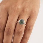 Hexagon Cut Moss Agate Bezel Set Engagement Ring with model hand