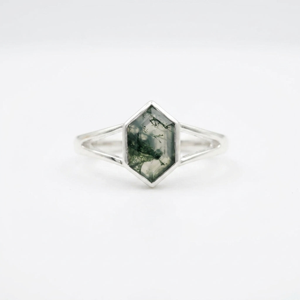 Vintage Bezel Setting Moss Agate  Engagement Ring With Silver