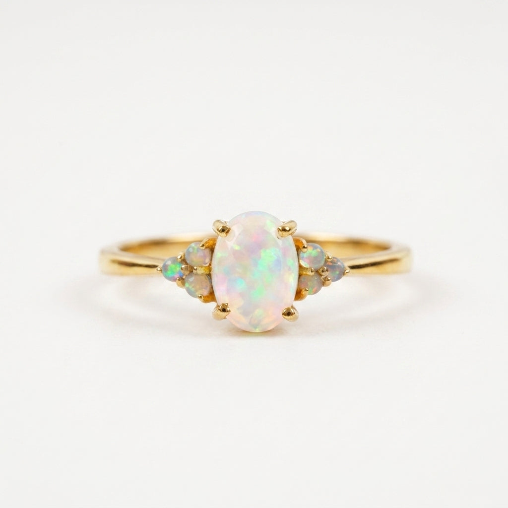White Opal Oval Cut Engagement Ring October Birthstone Gold Plated
