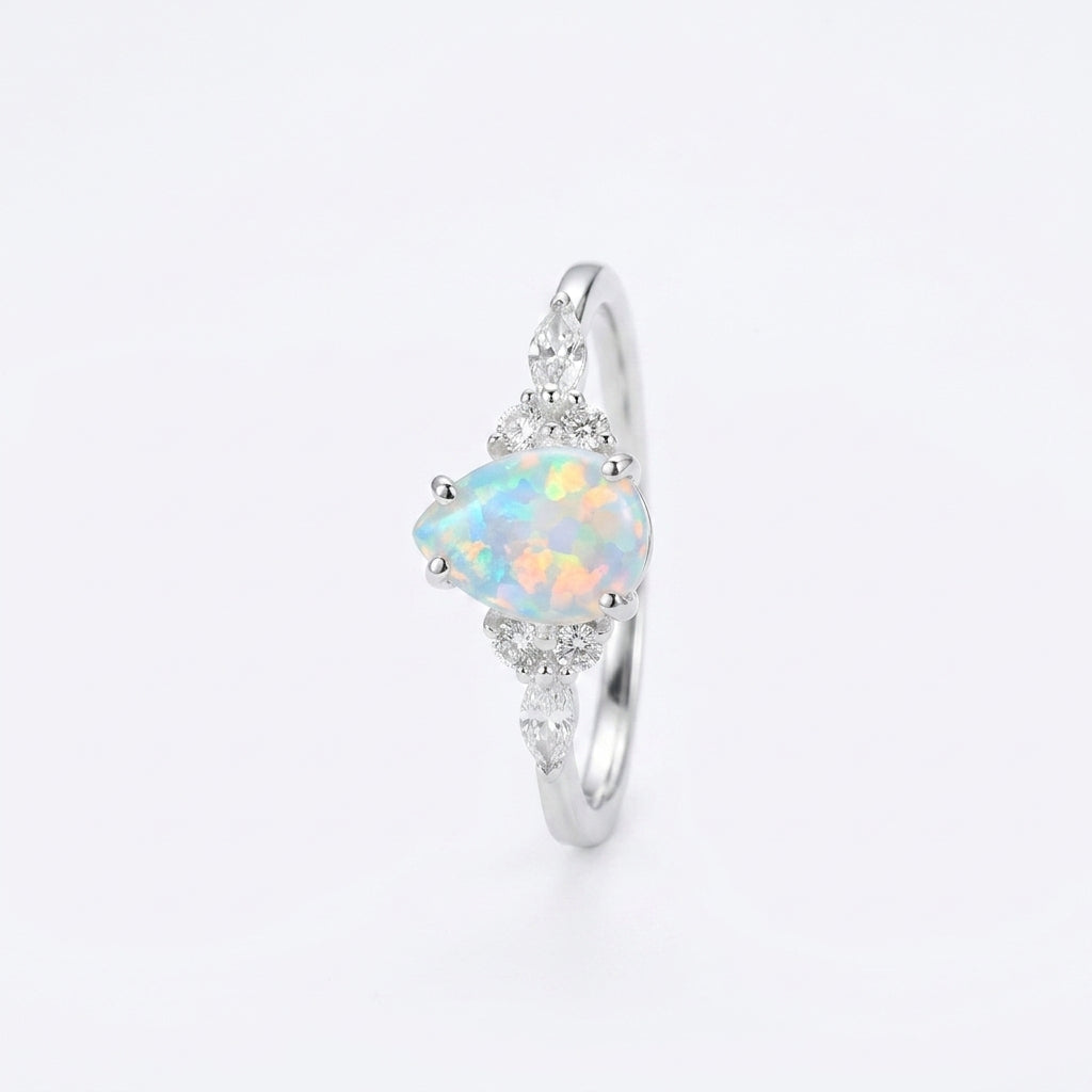 pear shaped opal cluster engagement ring | Promise bridal ring With SIlver Plated