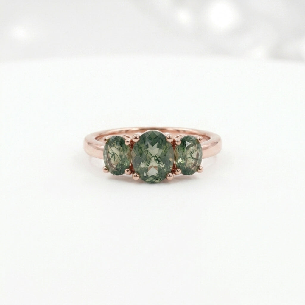 Oval Moss Agate Stacking Ring Three Stone Ring With Rose Gold 
