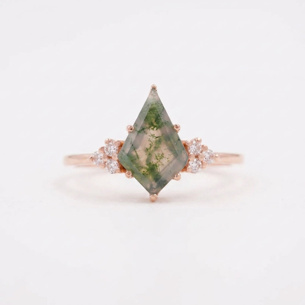 Kite Shaped Moss Agate Engagement Ring  With Rose Gold Coating