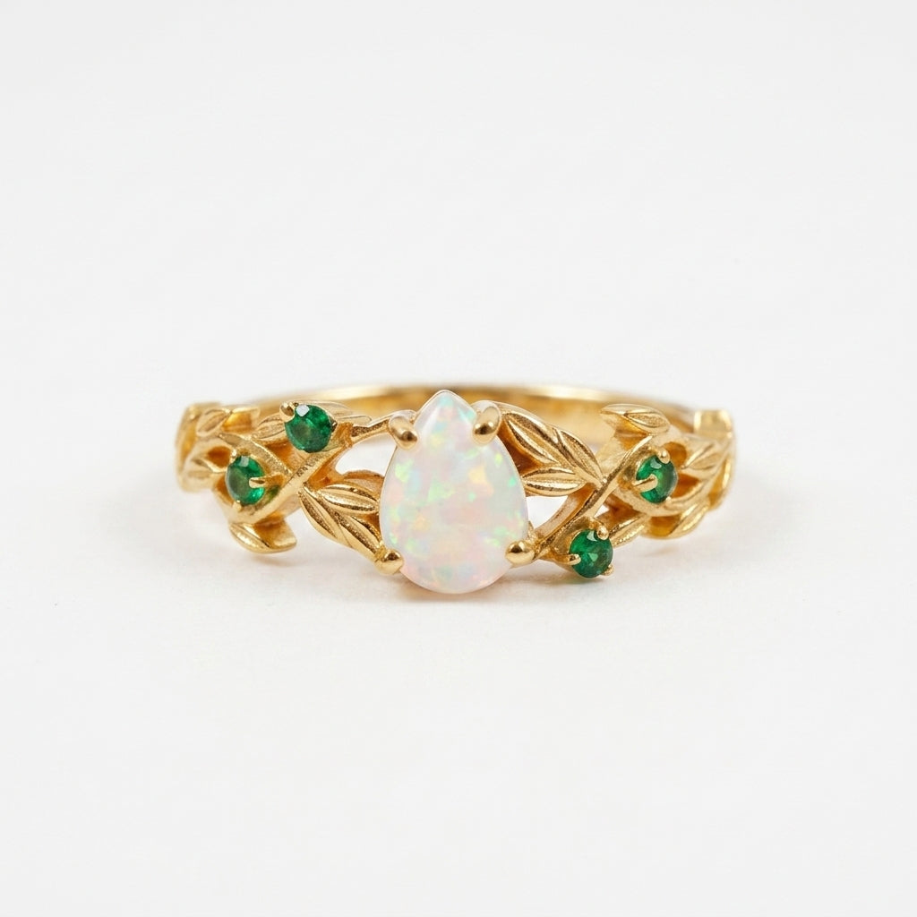 Nature Inspired Opal Engagement Ring Set With Leaf Emerald Band With Gold Plated