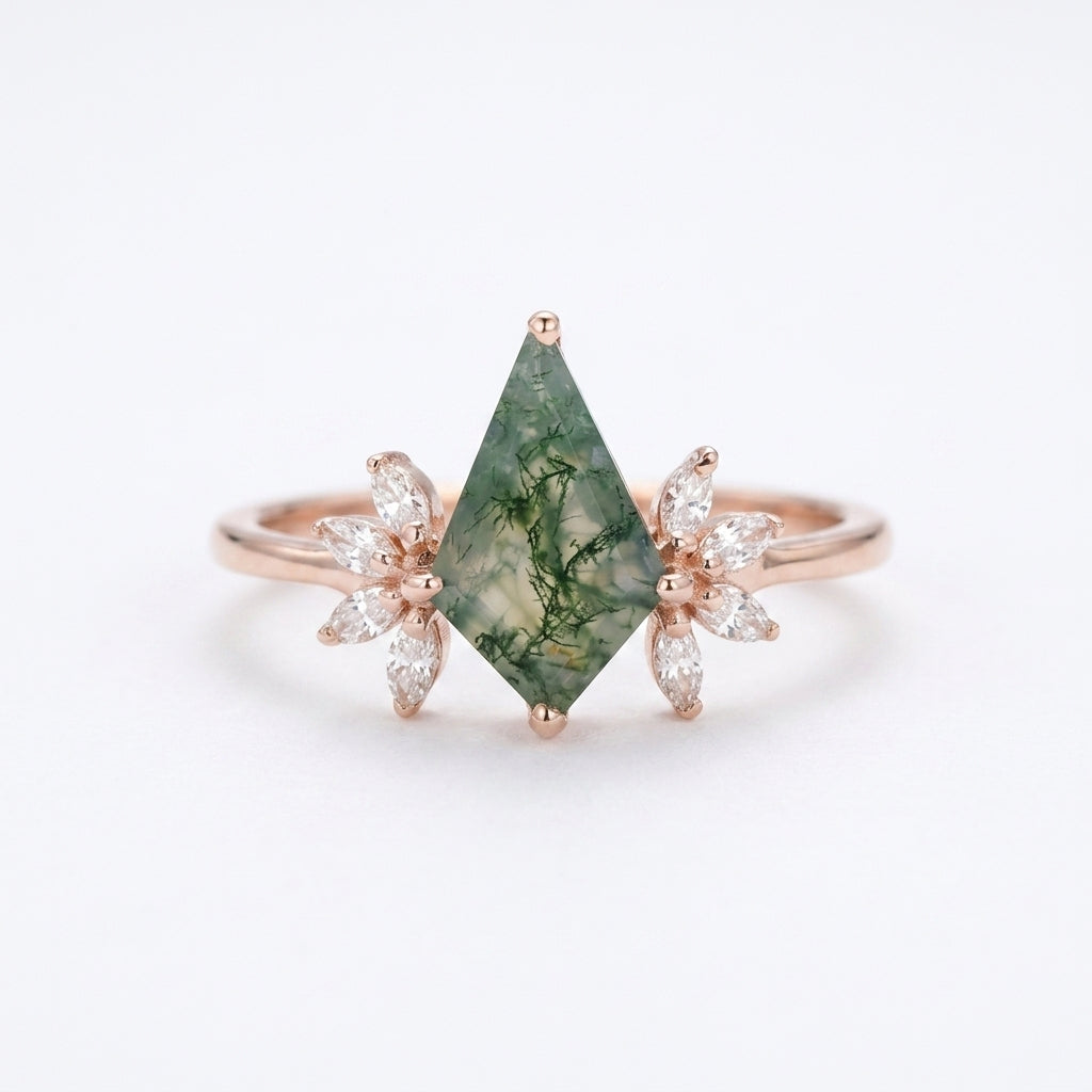 Kite Shaped Moss Agate Marquise Diamond Engagement Ring With Rose Gold