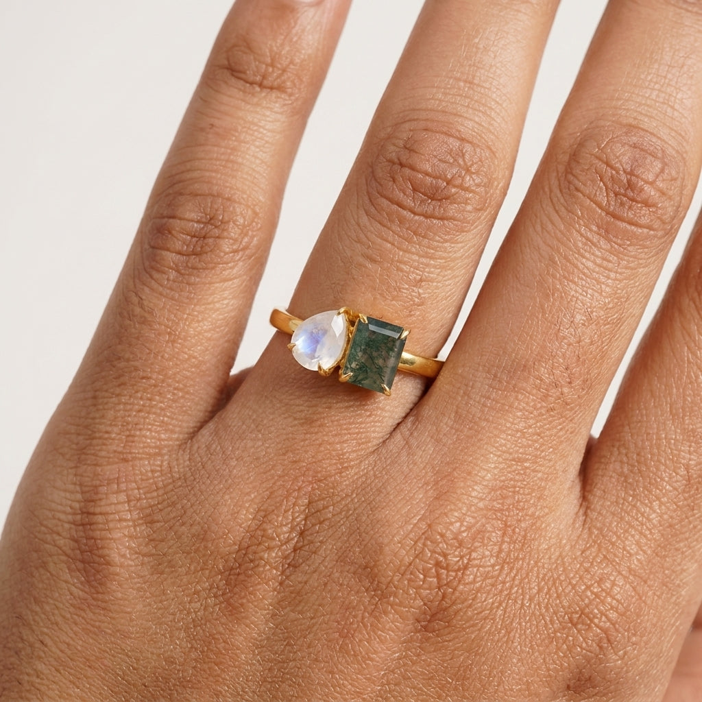 Double Stone Moss Agate And Moonstone Toi Et Moi Engagement Ring With Hand