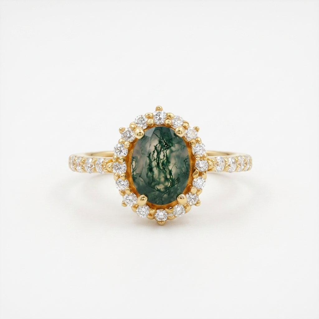 Oval Moss Agate Halo Diamond Engagement Ring 14K Yellow Gold