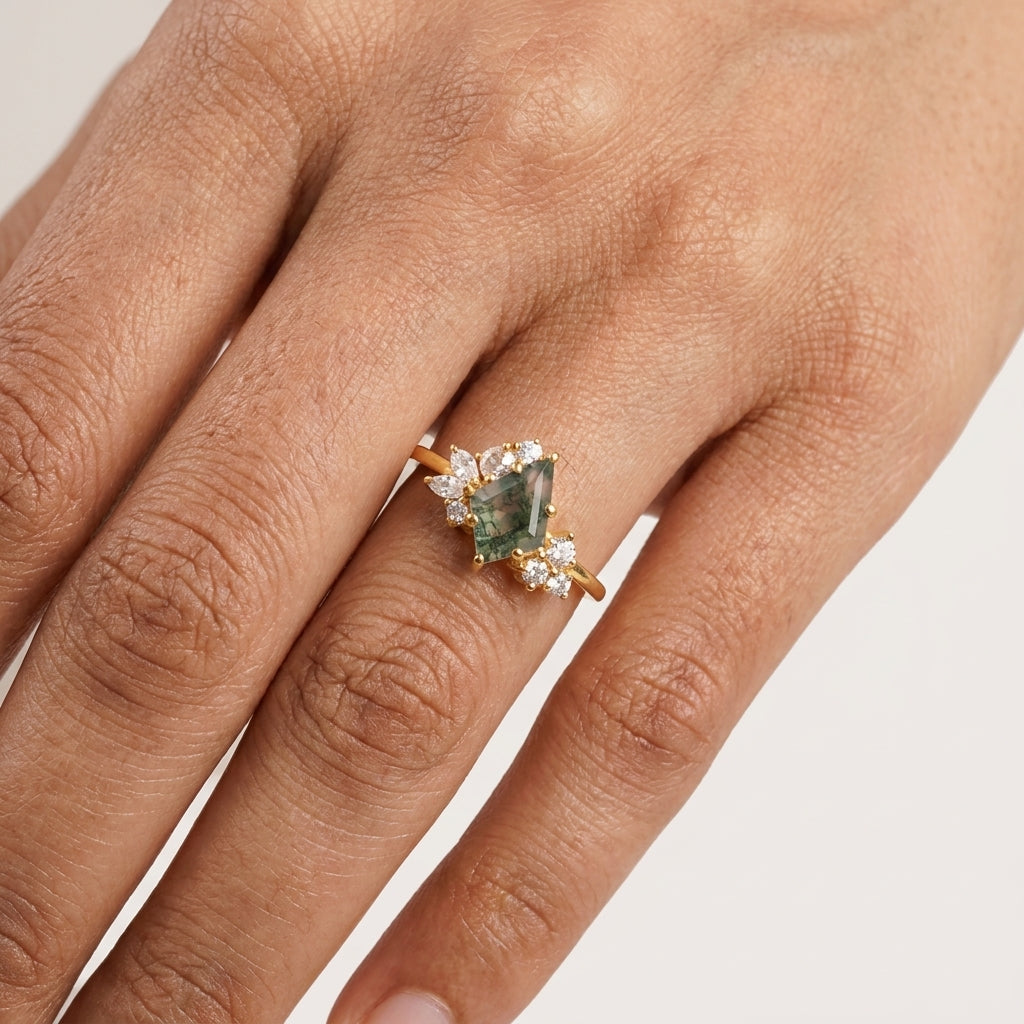 Kite Cut Moss Agate Cluster Diamond Engagement Ring WIth Finger 
