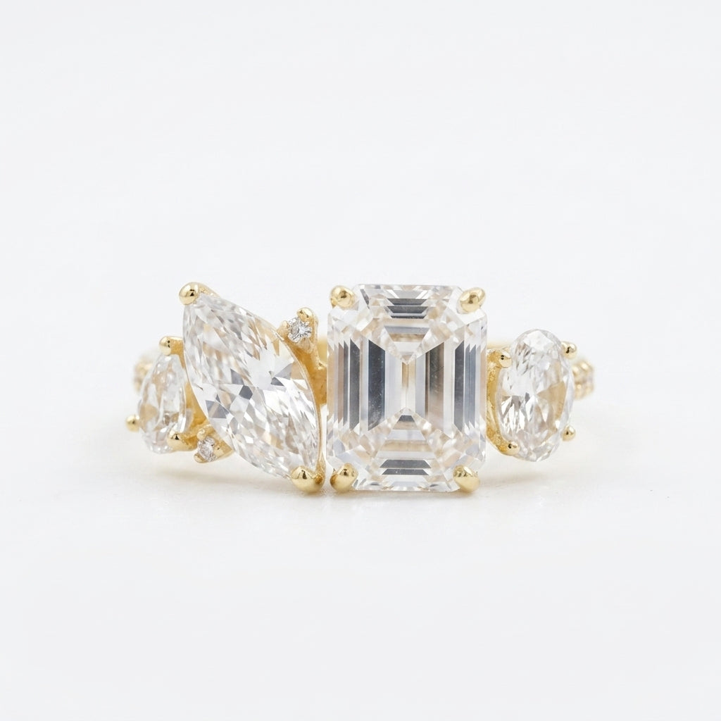 Cluster Moissanite Engagement Ring Emerald and Marquise Cut Ring With Gold PLated