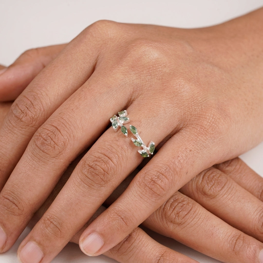Leaf Moss Agate 925 Sterling Silver Wedding Band For Women With Hand