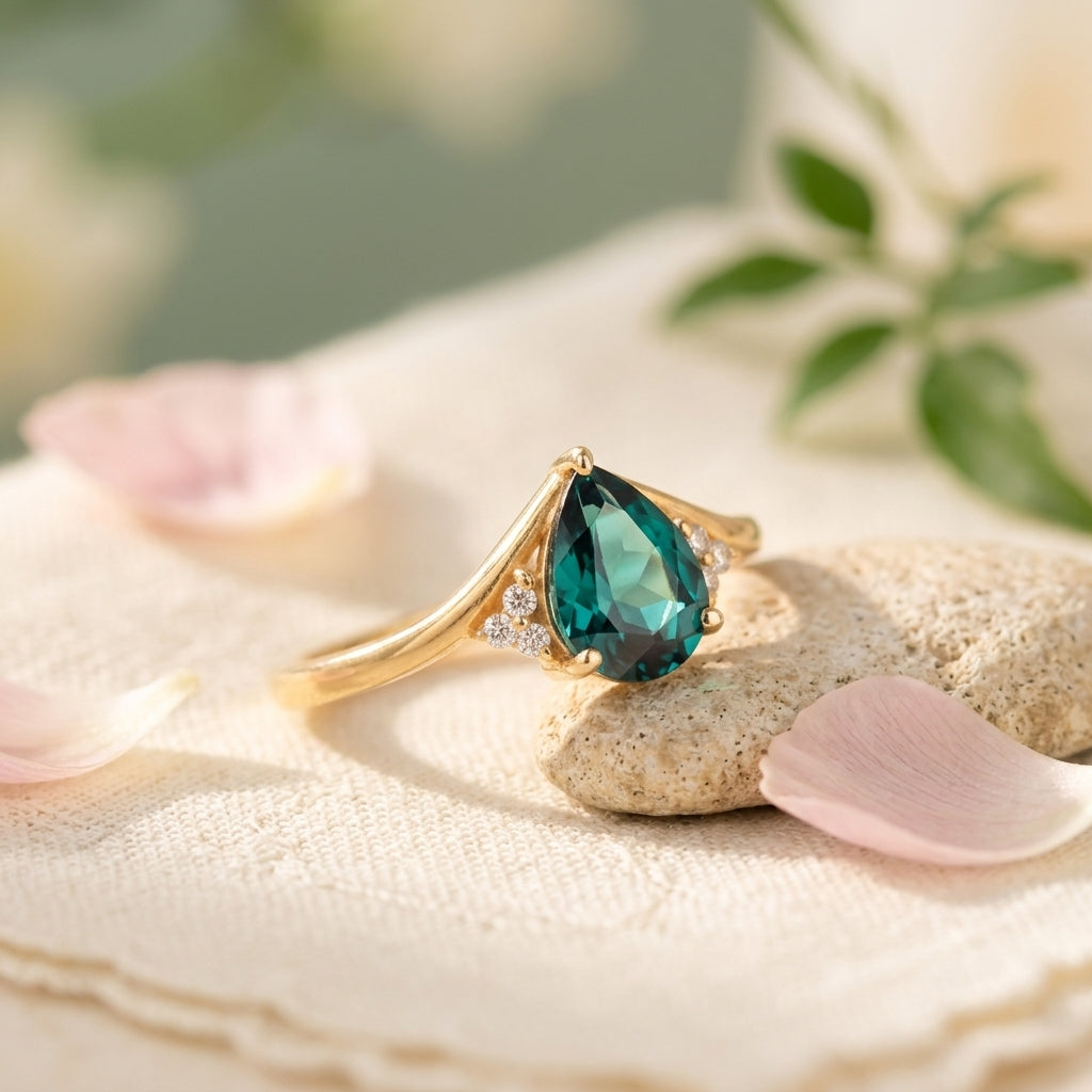 Green Emerald & Diamond Engagement Ring With Model Object