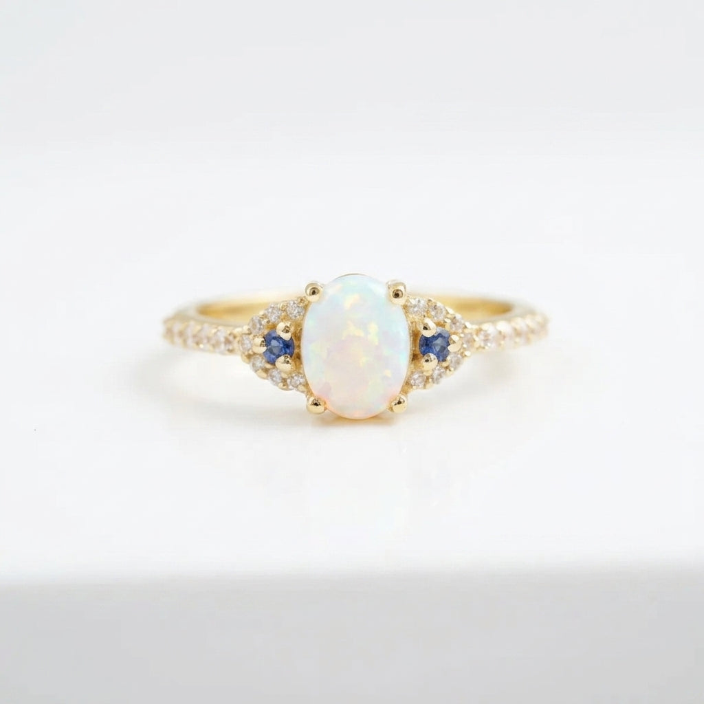 Opal & Sapphire halo Diamond Engagement Ring With gold plated