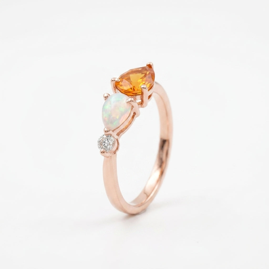 Pear Citrine Gemstone Three Stone Opal Cluster Wedding Ring Rose Gold Plated