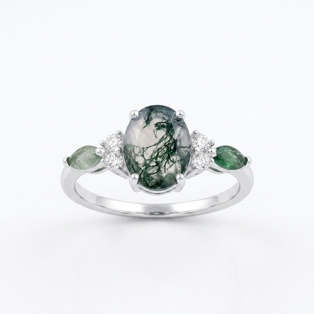 Moss Agate Oval Cut Silver Engagement Ring With Silver Coated