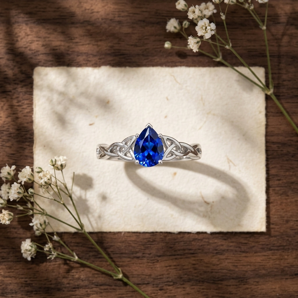 Pear-Shaped Blue Sapphire Celtic Knot Engagement Ring