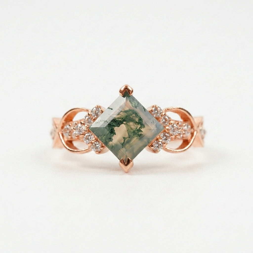 Princess cut Moss Agate engagement ring rose gold