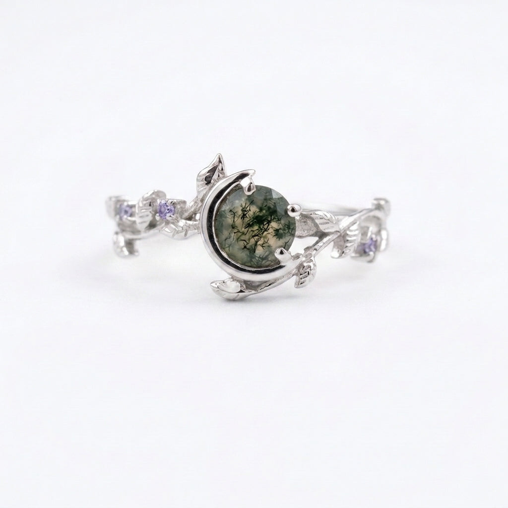 Round Natural Moss Agate Leaf Design Engagement Ring With Silver