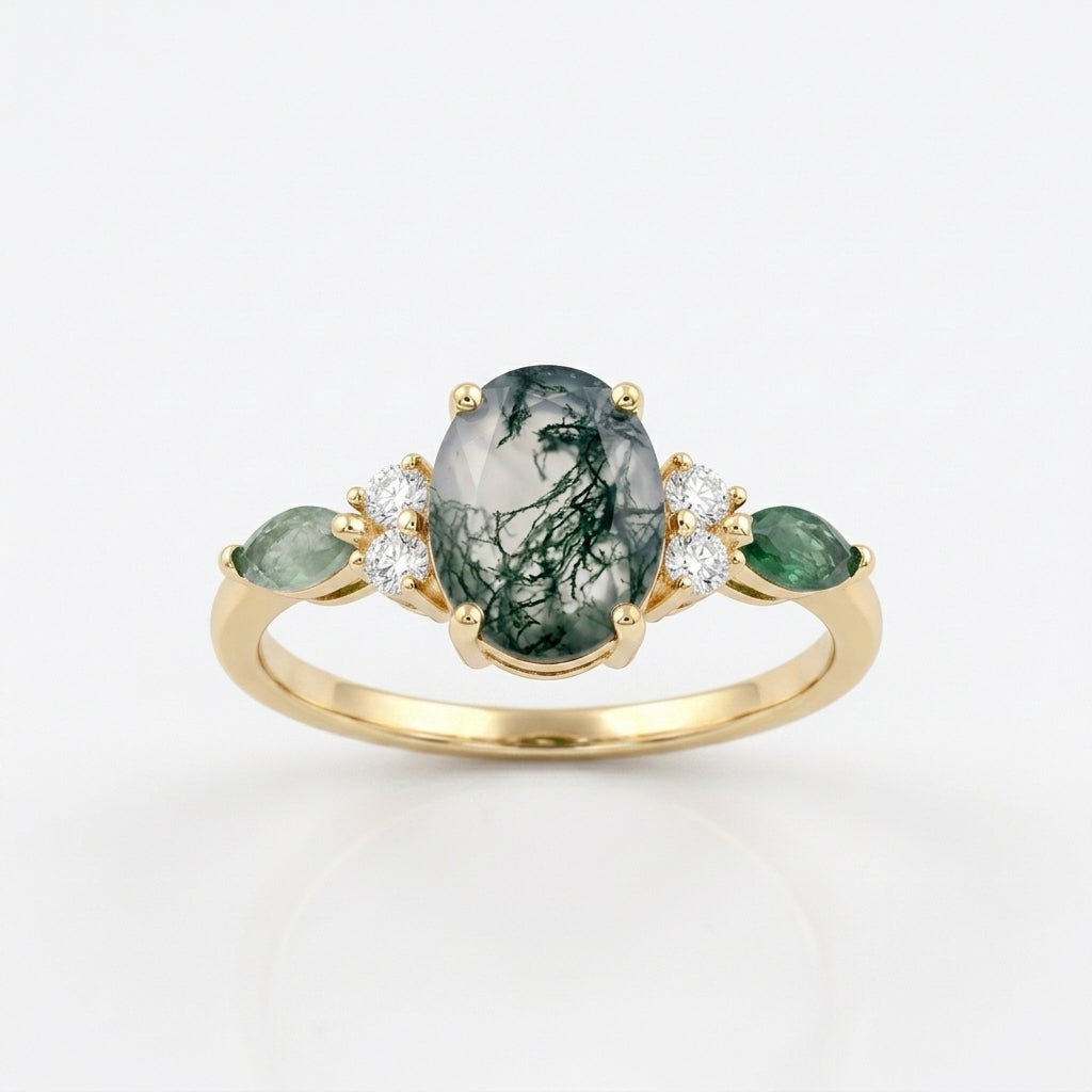 Moss Agate Oval Cut Silver Engagement Ring With Gold Plated