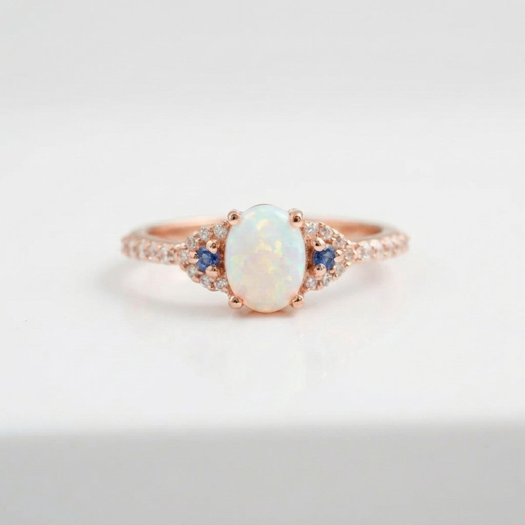 Opal & Sapphire halo Diamond Engagement Ring Rose Gold Plated