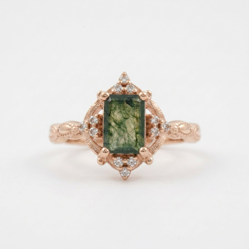 Vintage Emerald Cut Moss Agate Moissanite Engagement Ring Rose Gold