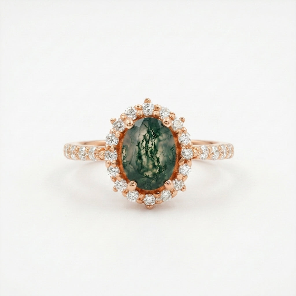 Oval Moss Agate Halo Diamond Engagement Ring With Rose Plated