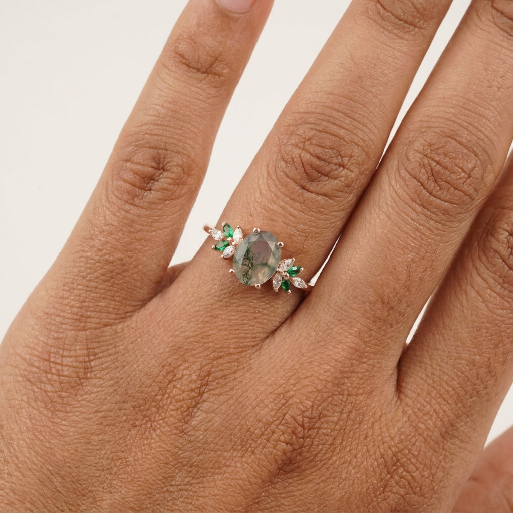 Oval Moss Agate Marquise Emerald And CZ Engagement Ring With Hand