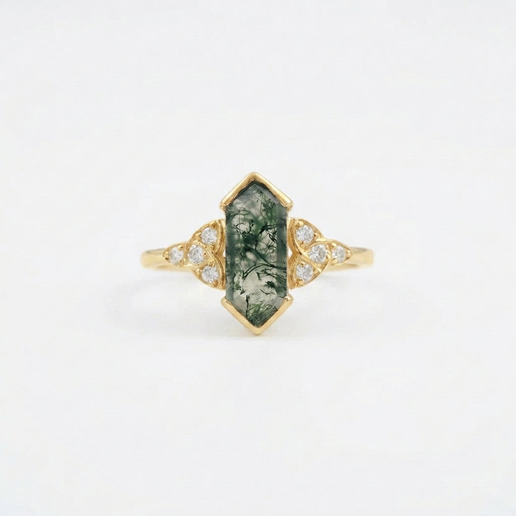 Moss Agate Hexagon Engagement Ring With Gold Coated