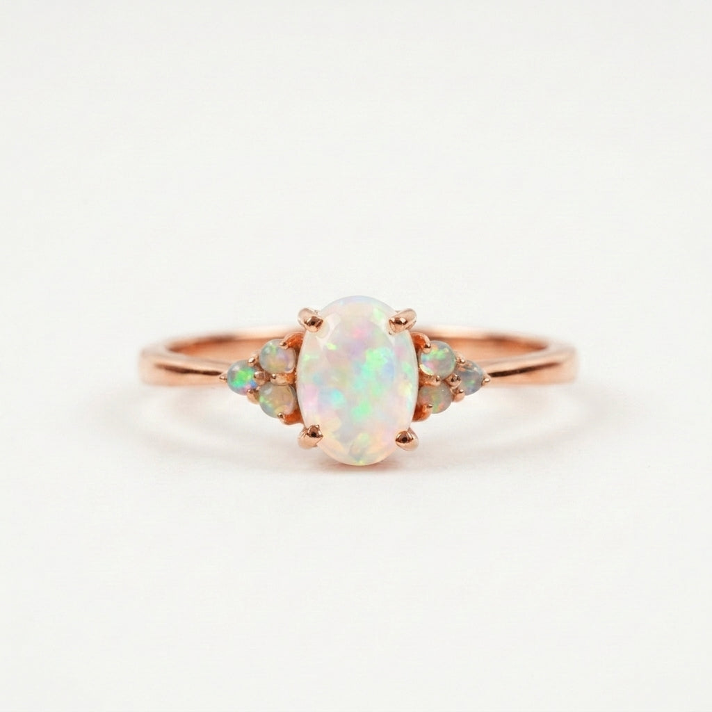 White Opal Oval Cut Engagement Ring October Birthstone Rose Gold Plated