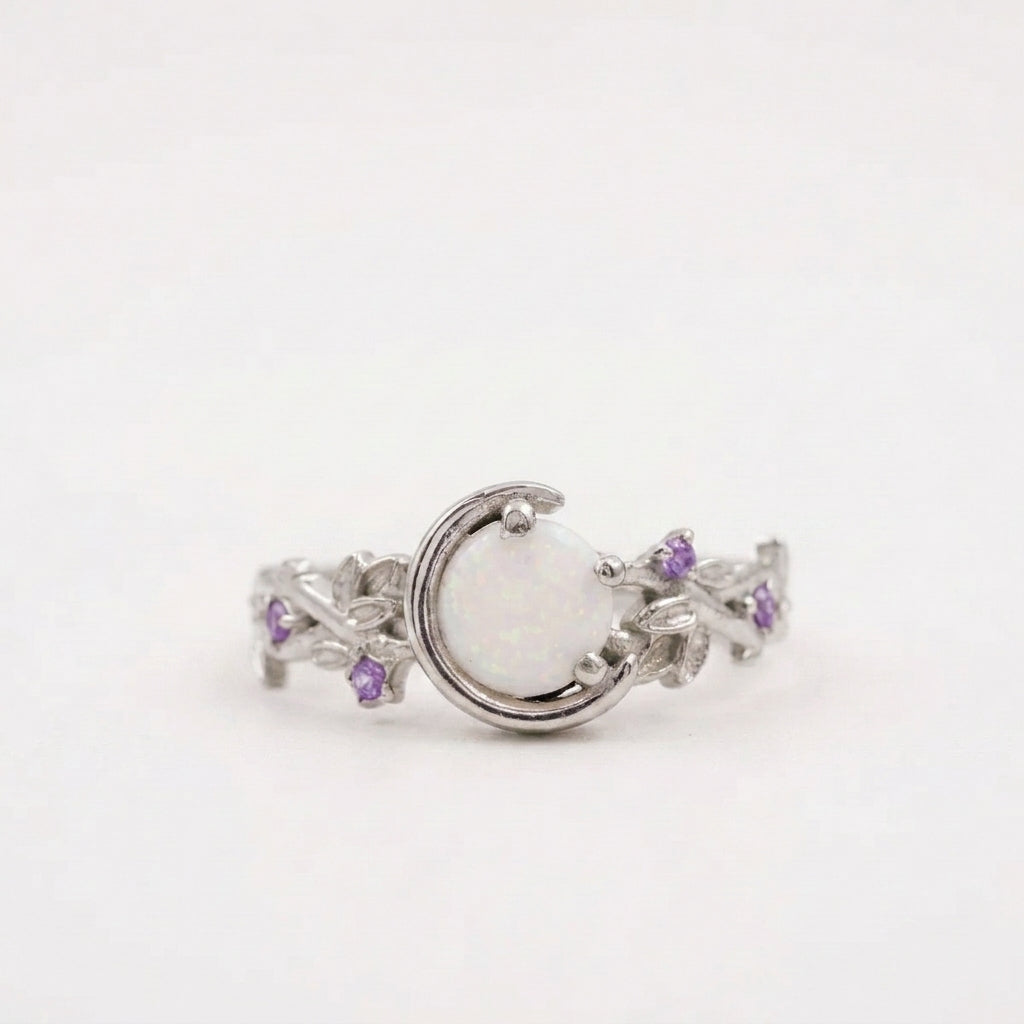 Moon Star Opal Engagement Ring with Amethyst Band With Silver Plated