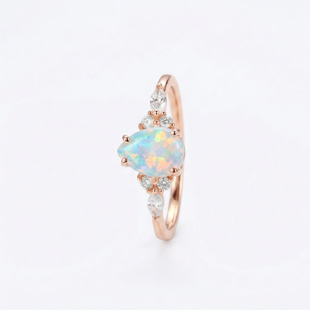 pear shaped opal cluster engagement ring | Promise bridal ring Rose Gold