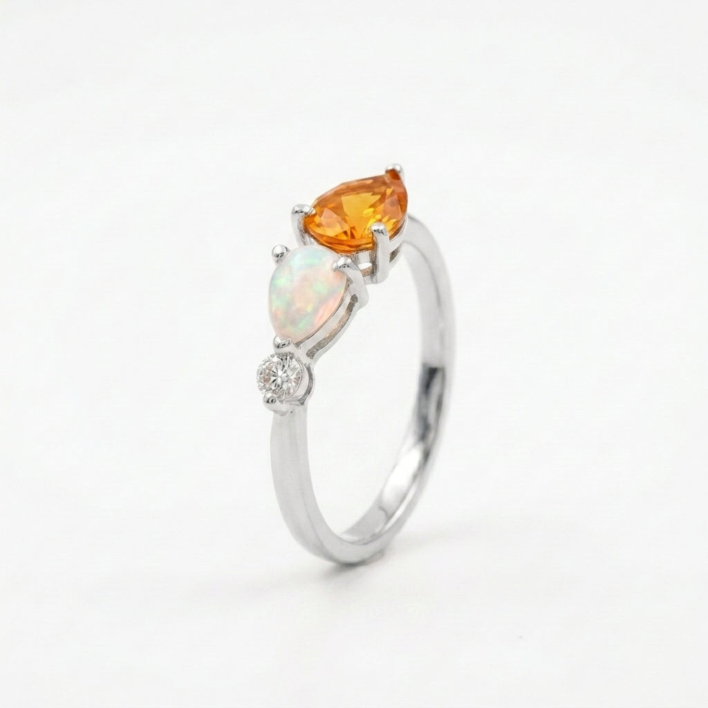 Pear Citrine Gemstone Three Stone Opal Cluster Wedding Ring With Silver