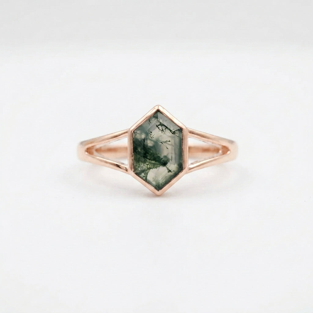 Vintage Bezel Setting Moss Agate  Engagement Ring Rose Gold Coated