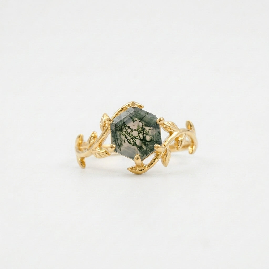 Moss Agate Leaf Hexagon Engagement Ring With Gold Plated