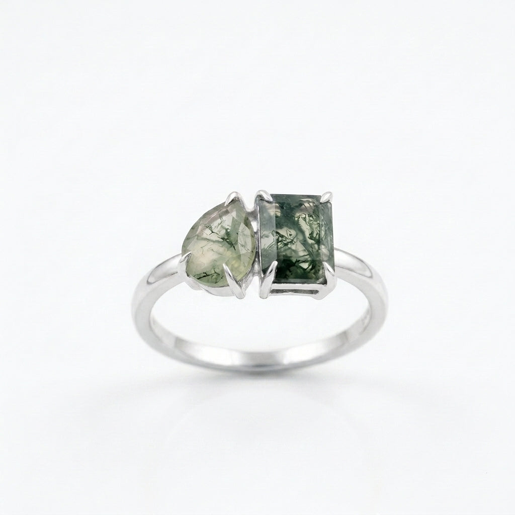 Toi Et Moi Moss Agate Emerald & Pear Cut Ring With Silver Coated