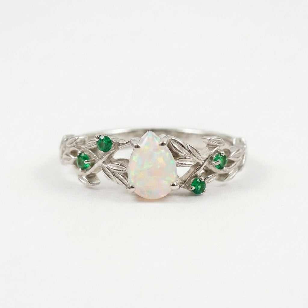 Nature Inspired Opal Engagement Ring Set With Leaf Emerald Band With Silver